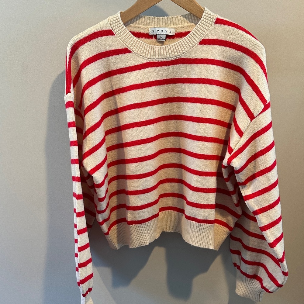 HYFVE Large Button Back Cream/Red Striped Sweater NWOT